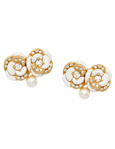 Grossé Earrings - Blanc Camelia - Gold Plated - Pearl - Cream - Crystals - Flower - 18x22 mm - GJ63809