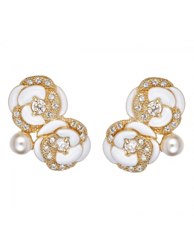 Grossé Clip-on Earrings - Blanc Camelia - Gold Plated - Pearl - Cream - Crystals - Flower - 18x22 mm - GJ63845