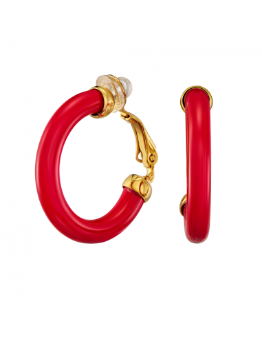 Traveller Clip-on Earrings - Hoop Earrings - Gold Plated 22ct - Red Resin - 25 mm - 157716