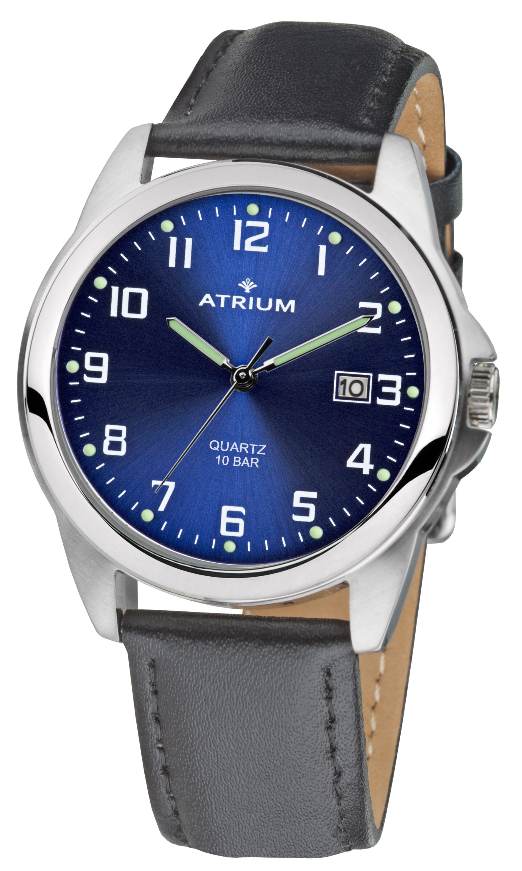10 - - Horloge - bar - - A16-15 Blauw ATRIUM Heren Datum Zwart Edelstaal - - Wijzerblad Leer