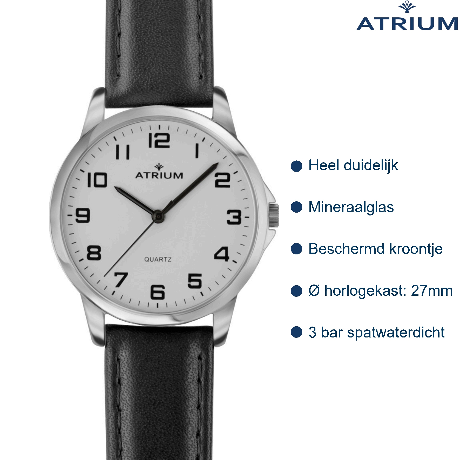 ATRIUM Horloge - Dames - - Leer - A37-10 Zilverkleurig Zwart