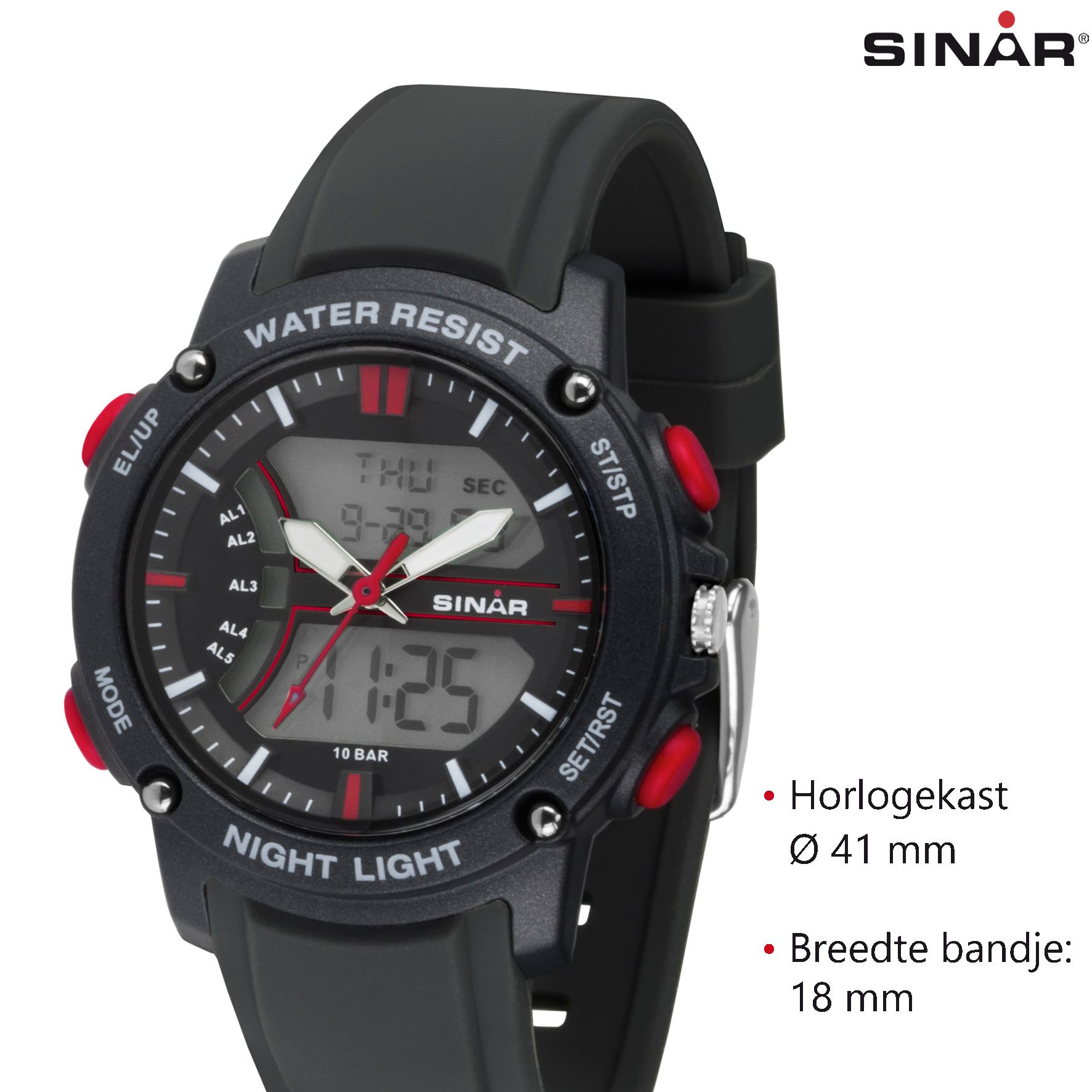 Zwart/Rood mm XW-27-1 Horloge - cm 41 - - 14,5-21 Analoog - SINAR