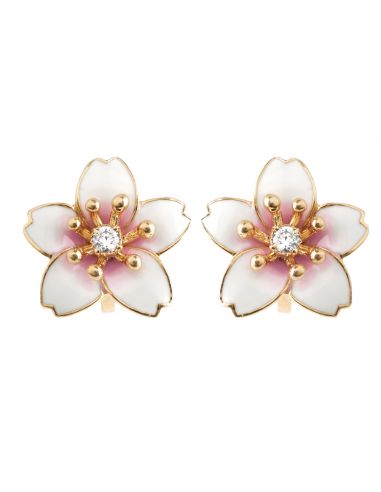 Grossé Clip-on Earrings - Sakura - Gold Coloured - Zirconia - Gold Plated - White&Pink - Cherry Blossom - Ø15mm - GJ63479