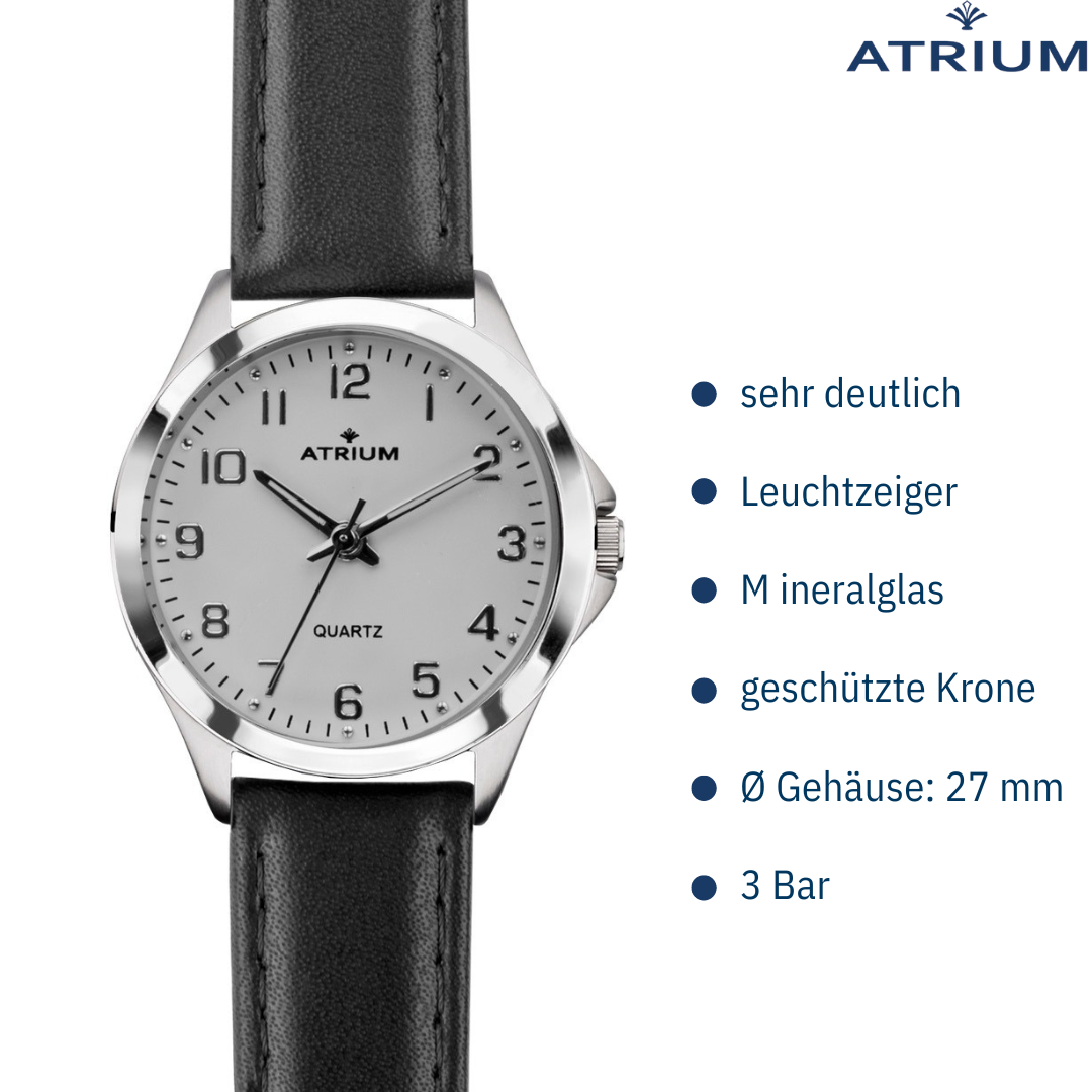 Leder - Silberfarben Armbanduhr Damen A11-10 Schwarz ATRIUM