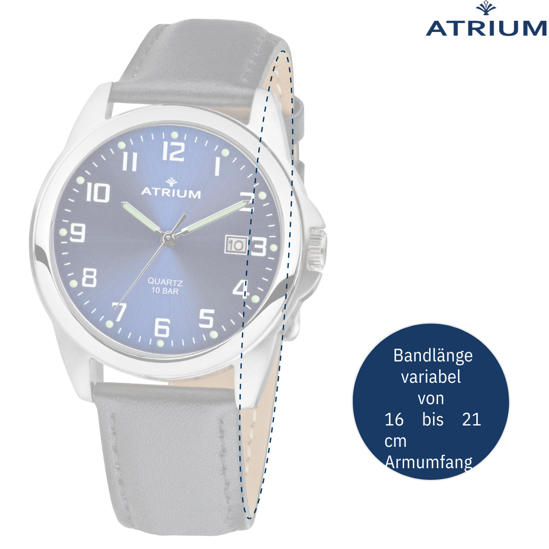 Lederband A16-15 Blaues bar - - Zifferblatt Schwarzes Armbanduhr - Herren Edelstahl ATRIUM - Datum 10 -