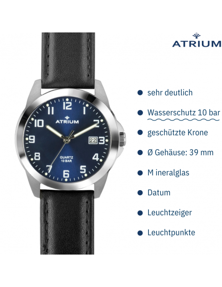 - - ATRIUM Datum bar Blaues Armbanduhr Lederband Edelstahl 10 Herren - - Zifferblatt Schwarzes - A16-15