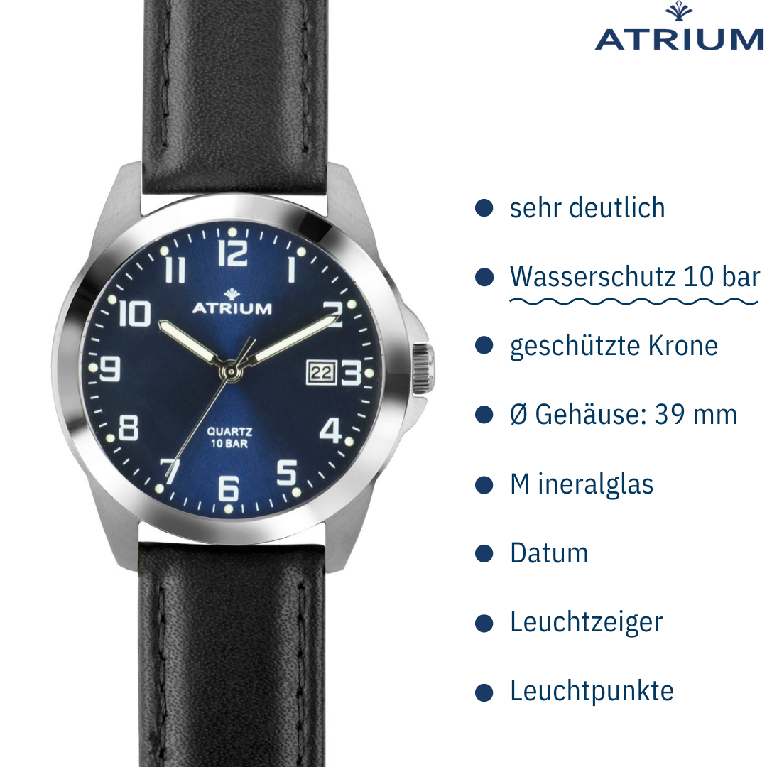 bar 10 Armbanduhr ATRIUM Zifferblatt - - - Edelstahl - Datum - Schwarzes Lederband Herren A16-15 Blaues