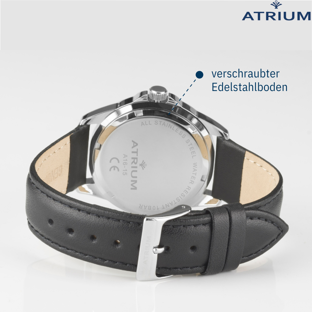 - Datum - Armbanduhr A16-15 - - 10 Schwarzes Zifferblatt bar - ATRIUM Blaues Edelstahl Herren Lederband