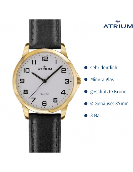 ATRIUM Armbanduhr - Goldfarben Herren Leder schwarz A36-20 - - -