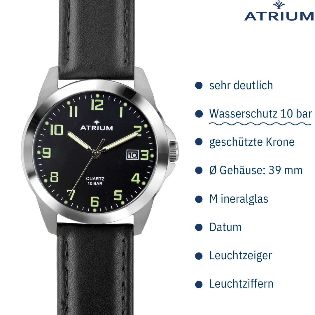 ATRIUM - Armbanduhr bar Herren A16-11 - - Schwarzes Edelstahl Lederband - Zifferblatt Datum 10 Schwarzes -